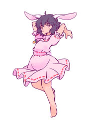 Rule 34 | 1girl, :d, arms up, bare legs, barefoot, black hair, carrot necklace, commentary request, dress, flat chest, full body, happy, inaba tewi, jewelry, necklace, open mouth, petite, pink dress, rangycrow, short hair, simple background, smile, solo, touhou, white background