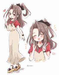 Rule 34 | 1girl, brown dress, brown eyes, closed eyes, double v, dress, hair intakes, hair ribbon, kantai collection, long hair, miko (35nikomi), multiple views, official alternate costume, ponytail, red shirt, ribbon, shirt, simple background, smile, standing, toeless footwear, v, white background, zuihou (kancolle)