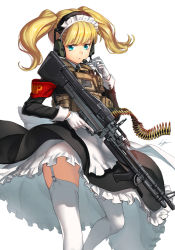 Rule 34 | 1girl, 7.62x51mm nato, adjusting headset, american flag, ammunition, ammunition belt, armband, belt-fed, black dress, blonde hair, blue eyes, blunt bangs, body armor, bullet, closed mouth, clothes lift, commentary, dress, dress lift, emblem, frown, full-power cartridge, garter straps, general-purpose machine gun, gloves, gun, headset, holding, holding gun, holding weapon, kws, lmg cartridge, long sleeves, looking at viewer, m13 link, m60, machine gun, maid, maid day, maid headdress, medium dress, medium hair, military cartridge, original, petticoat, rifle cartridge, simple background, solo, standing, thighhighs, trigger discipline, twintails, weapon, white background, white gloves, white thighhighs, wind, wind lift
