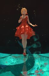 Rule 34 | 1girl, absurdres, ahoge, bare shoulders, blonde hair, blurry, bubble, character request, chinese commentary, closed eyes, collarbone, commentary request, depth of field, dress, fate/grand order, fate (series), fish, frilled dress, frills, full body, hair ribbon, high heels, highres, music, nero claudius (fate), nero claudius (fate) (all), open mouth, red dress, reflection, ribbon, shoe flower, short hair, singing, solo, strapless, strapless dress, whale, xilmo