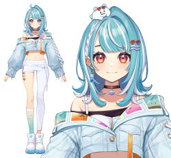 Rule 34 | 1girl, asymmetrical clothes, black choker, blue hair, blue jacket, braid, camisole, choker, closed mouth, crop top, highres, jacket, long sleeves, looking at viewer, midriff, multicolored hair, navel, off shoulder, official art, pants, puffy long sleeves, puffy sleeves, shiranami ramune, shoes, simple background, single hair intake, single pantsleg, single sock, sleeves past wrists, smile, socks, streaked hair, virtual youtuber, vspo!, white background, white camisole, white footwear, white hair, white pants, yuu (higashi no penguin), zoom layer
