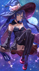 Rule 34 | 1girl, alternate costume, aqua eyes, artist name, black dress, black thighhighs, breasts, broom, broom riding, capelet, cleavage, commentary, detached sleeves, dress, earrings, full body, full moon, fur collar, genshin impact, halloween, hat, hat ornament, highres, jewelry, long hair, looking at viewer, medium breasts, mona (genshin impact), mona (halloween) (genshin impact), moon, night, night sky, parted lips, pendant, pumpkin, purple hair, sidelocks, sitting, sky, solo, sparkle print, star (sky), star (symbol), star earrings, starry sky, strapless, strapless dress, thighhighs, twintails, uenoryoma, very long hair, witch hat, zettai ryouiki
