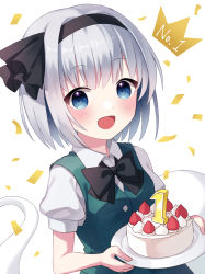 Rule 34 | 1girl, black bow, black bowtie, black hairband, blue eyes, blush, bow, bowtie, breasts, buttons, cake, commentary request, confetti, crown (symbol), dress, food, ghost, green dress, hair between eyes, hairband, hands up, konpaku youmu, konpaku youmu (ghost), looking at viewer, medium breasts, numbered, open mouth, puffy short sleeves, puffy sleeves, shirt, short hair, short sleeves, silver hair, smile, solo, suzuno naru, touhou, white background, white shirt, white sleeves