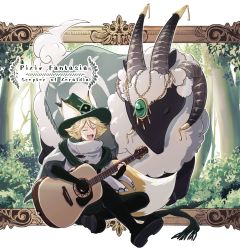Rule 34 | 1boy, :d, animal ears, biditerian, black footwear, black gloves, blonde hair, capelet, closed eyes, copyright name, elbow gloves, fang, forest, gloves, goat horns, green headwear, green scarf, grey capelet, guitar, highres, horns, instrument, music, nature, notari shihoin, open mouth, outdoors, pixiv fantasia, pixiv fantasia scepter of zeraldia, scarf, short hair, singing, sitting, smile