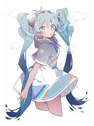 Rule 34 | 1girl, blue eyes, cloud, cloud hair ornament, commentary, cowboy shot, cropped legs, drawstring, dress, drop-shaped pupils, grey dress, hatsune miku, highres, hood, hood down, hooded dress, liquid hair, long hair, looking at viewer, mura konbane, parted lips, rainbow print, short sleeves, sidelocks, simple background, solo, symbol-shaped pupils, teardrop, twintails, very long hair, vocaloid, white background