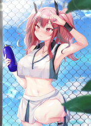 Rule 34 | 1girl, armpits, azur lane, bare legs, bare shoulders, blue sky, blurry, blurry foreground, blush, bottle, breasts, bremerton (azur lane), bremerton (scorching-hot training) (azur lane), chain-link fence, cleavage, closed mouth, cloud, collarbone, collared shirt, commentary, cowboy shot, crop top, crop top overhang, day, fence, foshu, green skirt, grey hair, groin, hair between eyes, hair intakes, hair ornament, hairclip, hand up, heart, heart necklace, highres, holding, holding bottle, jewelry, large breasts, lens flare, long hair, looking to the side, midriff, mole, mole under eye, multicolored hair, navel, necklace, nose blush, outdoors, pink eyes, pink hair, shirt, shoes, sidelocks, skirt, sky, sleeveless, sleeveless shirt, sneakers, solo, sportswear, standing, standing on one leg, streaked hair, sweat, tennis uniform, twintails, two-tone hair, two-tone shirt, two-tone skirt, water bottle, white shirt, white skirt, wristband, x hair ornament