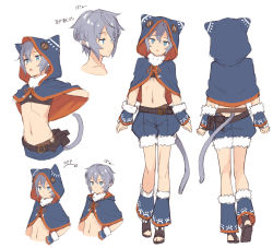 Rule 34 | 1girl, :o, animal ears, animal hood, arms at sides, bad id, bad pixiv id, belt, belt skirt, blue eyes, capelet, cat ears, cat girl, cat tail, closed mouth, concept art, expressionless, fang, from behind, full body, grey hair, hood, hood down, hood up, hooded capelet, jitome, kinta (distortion), looking at viewer, midriff, multiple views, navel, open mouth, original, puffy shorts, sandals, short hair, shorts, simple background, sketch, standing, tail, wavy hair, white background