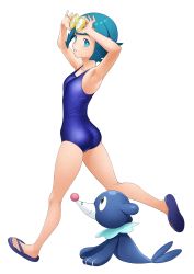 Rule 34 | 1girl, absurdres, armpits, blue eyes, blue hair, breasts, closed mouth, commentary, creatures (company), feet, game freak, highres, lana (pokemon), looking at viewer, nintendo, one-piece swimsuit, pokemon, pokemon (creature), pokemon sm, short hair, simple background, small breasts, smile, swimsuit, turiganesou800, white background