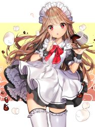 Rule 34 | 1girl, apron, black dress, blush, brown hair, coffee, coffee mug, commentary, cup, dress, food, frilled thighhighs, frills, gambe, highres, long hair, looking at viewer, maid, maid apron, maid headdress, marshmallow, mug, open mouth, original, puffy sleeves, red eyes, solo, thighhighs, tray, very long hair, white thighhighs, wrist cuffs