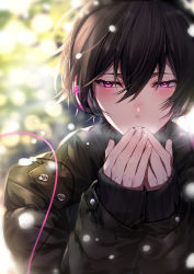 Rule 34 | 1boy, absurdres, black coat, black hair, black sweater, blurry, blush, bokeh, breath, breathing on hands, cable, coat, cold, day, depth of field, fingernails, habatatsuki, hair between eyes, hands up, headphones, highres, long sleeves, looking afar, male focus, original, own hands together, parted lips, shirt, short hair, sleeveless, sleeveless shirt, snowing, solo, sweater, turtleneck, turtleneck sweater, upper body, warming, warming hands, winter clothes, winter coat