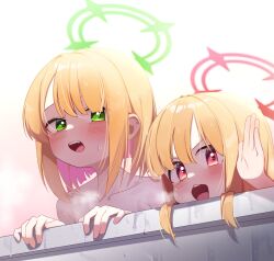 Rule 34 | 2girls, absurdres, blonde hair, blue archive, blush, collarbone, commentary request, duplicate, green eyes, green halo, halo, highres, korean commentary, midori (blue archive), momoi (blue archive), multiple girls, open mouth, red eyes, red halo, short hair, siblings, steam, teeth, twins, upper teeth only, whonyang