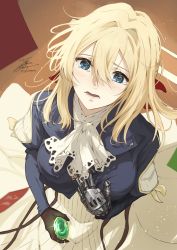 Rule 34 | 1girl, black gloves, blonde hair, blouse, bow, bowtie, breasts, dress, eyebrows hidden by hair, fadingz, gloves, green eyes, hair between eyes, hair ribbon, highres, jewelry, long hair, looking at viewer, looking up, ribbon, shirt, solo, unworn jewelry, violet evergarden, violet evergarden (series)