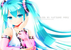Rule 34 | 1girl, aqua eyes, aqua hair, character name, detached sleeves, exiled-artist, hatsune miku, highres, long hair, looking at viewer, simple background, smile, solo, vocaloid