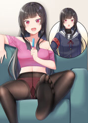 Rule 34 | 1girl, :d, armband, black hair, black shirt, blush, breasts, commentary request, couch, crop top, fine fabric emphasis, food, gurande (g-size), gusset, hair ornament, hairclip, hand on own hip, high-waist pantyhose, highres, long hair, looking at viewer, midriff, multiple views, narumiya tsukasa, navel, neck ribbon, no shoes, off-shoulder shirt, off shoulder, on couch, open mouth, original, panties, panties under pantyhose, pantyhose, pink panties, pink shirt, popsicle, red eyes, red ribbon, ribbon, sailor collar, school uniform, serafuku, shirt, short sleeves, sitting, small breasts, smile, soles, teeth, textless version, thighband pantyhose, underwear, upper teeth only, v-shaped eyebrows, very long hair, white sailor collar
