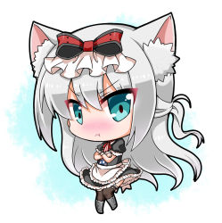 Rule 34 | 1girl, :t, animal ears, apron, azur lane, bad id, bad pixiv id, black dress, black thighhighs, blue eyes, blush, boots, bow, cat ears, chibi, closed mouth, commentary request, crossed arms, dress, frilled apron, frills, full body, grey footwear, hair between eyes, hair bow, hammann (azur lane), long hair, looking at viewer, noai nioshi, nose blush, pout, puffy short sleeves, puffy sleeves, red bow, short sleeves, silver hair, solo, striped, striped bow, thighhighs, v-shaped eyebrows, very long hair, waist apron, white apron