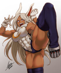 Rule 34 | 1girl, abs, absurdres, airisubaka, animal ear fluff, animal ears, boku no hero academia, breasts, commentary, dark-skinned female, dark skin, gloves, gradient background, grey background, highres, large breasts, leotard, long hair, looking at viewer, mirko, muscular, muscular female, open mouth, rabbit ears, red eyes, signature, smile, solo, standing, standing on one leg, tail, thighhighs, thighs, v-shaped eyebrows, very long hair, white background, white hair