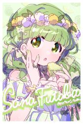 Rule 34 | 1girl, :o, alternate costume, blunt bangs, border, bow, bow choker, character name, choker, clover hair ornament, commentary, dot nose, dress, flower, flower bracelet, flower wreath, food, fruit, futaba sana, green bow, green choker, green eyes, green hair, hair bow, hair flower, hair ornament, hand up, head wreath, highres, holding, holding food, holding fruit, jewelry, looking at viewer, low twintails, magia record: mahou shoujo madoka magica gaiden, mahou shoujo madoka magica, medium hair, melon, off-shoulder dress, off shoulder, parted lips, paru rari, portrait, ring, short sleeves, sketch, solo, twintails, twitter username, wavy hair, white border, white dress, white flower, yellow flower