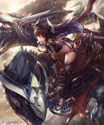 Rule 34 | 10s, 1girl, absurdres, armor, bent over, bikini armor, black footwear, black thighhighs, boots, breasts, brown hair, cleavage, cleavage cutout, clothing cutout, dragon, draph, forte (shingeki no bahamut), gauntlets, hair between eyes, highres, horns, lance, long hair, long legs, looking at viewer, official art, pauldrons, polearm, red eyes, riding, saddle, shingeki no bahamut, shoulder armor, smile, solo, straddling, tachikawa mushimaro, thigh boots, thighhighs, weapon, wyvern