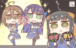 Rule 34 | 3girls, :d, ahoge, artist name, assault lily, asymmetrical legwear, black hair, black necktie, black socks, blue choker, blue dress, blue footwear, blue jacket, blue socks, blunt bangs, blunt ends, blush, bow, bowtie, brown eyes, brown hair, buttons, character name, chibi, choker, commentary request, confetti, detached sleeves, dress, frilled dress, frills, funada kiito, gochisousama (tanin050), gradient background, green eyes, grey background, hair between eyes, hair bow, hair ornament, half updo, hand fan, hands up, headphones, heart, heart hands, heart hands duo, holding, holding fan, holding microphone, idol, jacket, kawamura yuzuriha, kneehighs, layered dress, leg up, long hair, long sleeves, looking at viewer, microphone, multiple girls, necktie, nervous smile, no pupils, open mouth, orange bow, outdoors, outline, pantyhose, partially unbuttoned, pink bow, pink bowtie, puffy short sleeves, puffy sleeves, purple bow, purple bowtie, purple hair, shoes, short hair, short sleeves, sleeveless, sleeveless jacket, smile, socks, sparkle, spotlight, stage, standing, standing on one leg, thighhighs, translated, tsukioka momiji, uneven legwear, v-shaped eyebrows, white outline, wrist cuffs, x hair ornament, yellow eyes