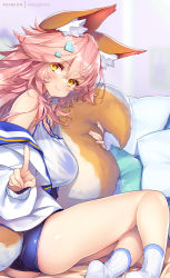 Rule 34 | 1girl, animal ear fluff, animal ears, bikini, bikini under clothes, blue bikini, blush, breasts, closed mouth, fang, fate/grand order, fate (series), fox ears, fox tail, from side, hair between eyes, hair ornament, heart, heart hair ornament, hong (white spider), hugging tail, index finger raised, jacket, large breasts, long hair, long sleeves, looking at viewer, no shoes, off shoulder, open clothes, open jacket, pink hair, shirt, sitting, skin fang, sleeveless, sleeveless shirt, smile, socks, solo, swimsuit, tail, tamamo (fate), white jacket, white shirt, white socks, yellow eyes