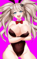 Rule 34 | 1girl, :d, absurdres, alternate costume, animal ears, arms under breasts, bare arms, bare shoulders, bow, bowtie, breasts, brown leotard, cleavage, covered navel, cowboy shot, crossed arms, danganronpa: trigger happy havoc, danganronpa (series), detached collar, enoshima junko, fake animal ears, grey eyes, groin, highres, huge breasts, large breasts, leotard, light brown hair, long hair, looking at viewer, nidoneane, open mouth, pink background, playboy bunny, red bow, red bowtie, smile, solo, teeth, twintails, upper teeth only