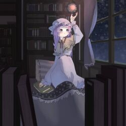 Rule 34 | 1girl, :/, arm up, blanket, blue eyes, blunt bangs, blush, book, bookshelf, capelet, ceiling light, closed mouth, commentary, cushion, dress, full body, hat, highres, indoors, long hair, long sleeves, looking outside, mob cap, natomaki, neck ribbon, on bed, patchouli knowledge, pink dress, pink hat, purple hair, red ribbon, ribbon, sitting, snowing, solo, touhou, white capelet, window
