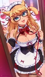 Rule 34 | 1girl, animal ears, belt, black-framed eyewear, black pantyhose, blonde hair, blue eyes, bow, braid, breasts, cat ears, cat girl, cat tail, cleavage, collar, detached collar, detached sleeves, diamond-shaped pupils, diamond (shape), earrings, facial mark, fang, final fantasy, final fantasy xiv, glasses, hair ornament, hairclip, heart, heart earrings, highres, jewelry, kaiyoko star, kitchen, large breasts, leash, long hair, looking at viewer, maid, maid headdress, merunyaa, miqo&#039;te, mixing bowl, mole, mole under eye, open door, open mouth, pantyhose, plaid, plaid bow, red nails, solo, symbol-shaped pupils, tail, thigh belt, thigh strap, warrior of light (ff14), whisker markings, wrist cuffs
