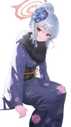 Rule 34 | 1girl, absurdres, blue archive, blue kimono, bow, braid, feet out of frame, floral print, flower, fur-trimmed kimono, fur trim, grey hair, grin, guegue, hair bow, hair bun, hair flower, hair ornament, halo, haruna (blue archive), haruna (new year) (blue archive), highres, invisible chair, japanese clothes, kimono, long sleeves, looking at viewer, obi, print kimono, red eyes, sash, simple background, single braid, sitting, smile, solo, white background