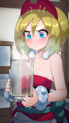 Rule 34 | 1girl, bare shoulders, beer mug, blonde hair, blue eyes, blush, breasts, breath, closed mouth, collarbone, creatures (company), cum, cum in container, cum on body, cum on breasts, cum on nose, cum on upper body, cum string, cup, drinking, drooling, game freak, gokkun, hair ornament, highres, holding, holding cup, irida (pokemon), kashu (hizake), looking at object, looking down, mug, nintendo, pokemon, pokemon legends: arceus, red shirt, saliva, shirt, short hair, small breasts, solo, steam, strapless, sweat, sweatdrop, tube top, upper body, wrist cuffs