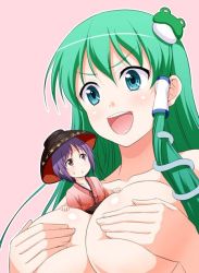 Rule 34 | 2girls, aqua eyes, bad id, bad twitter id, between breasts, bowl, bowl hat, breast hold, breasts, cleavage, covering privates, covering breasts, frog, frog hair ornament, green eyes, green hair, hair ornament, hat, holding, japanese clothes, kimono, kochiya sanae, large breasts, long hair, looking up, mini person, minigirl, multiple girls, open mouth, person between breasts, purple eyes, purple hair, short hair, size difference, smile, snake, snake hair ornament, sukuna shinmyoumaru, sweatdrop, tomokichi, topless, touhou, yuri