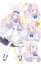 Rule 34 | 1girl, angel wings, blue archive, blush, capelet, closed mouth, dress, feathered wings, hair bun, halo, highres, long hair, mika (blue archive), multiple views, nashi (nashipple1), open mouth, pink hair, pink halo, single side bun, white capelet, white dress, white wings, wings, yellow eyes