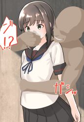 !? 1boy 1girl anchor_print arm_around_waist black_sailor_collar black_skirt blue_neckerchief blush breasts brown_hair chloroform commentary_request fubuki_(kancolle) fubuki_kai_ni_(kancolle) furaggu_(frag_0416) green_eyes hair_tie hand_on_another&#039;s_mouth hetero highres kantai_collection low_ponytail medium_hair neckerchief pleated_skirt ponytail sailor_collar school_uniform serafuku shirt short_sleeves sidelocks skirt small_breasts standing upper_body white_shirt