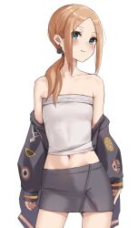 Rule 34 | 1girl, abigail williams (fate), absurdres, bare shoulders, black jacket, blonde hair, blue eyes, blush, breasts, collarbone, earrings, fate/grand order, fate (series), forehead, grey skirt, highres, jacket, jewelry, kopaka (karda nui), long hair, long sleeves, looking at viewer, midriff, navel, off shoulder, open clothes, open jacket, parted bangs, pencil skirt, ponytail, revision, sidelocks, skirt, small breasts, solo, strapless, thighs, tube top