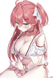 Rule 34 | 1girl, ahoge, bikini, blush, breasts, collarbone, crossed arms, green eyes, hair ornament, highres, hololive, large breasts, long hair, looking at viewer, muyamii, open mouth, sakura miko, solo, sweat, swimsuit, virtual youtuber, white background, x hair ornament