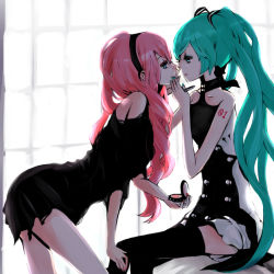 Rule 34 | 2girls, aqua eyes, aqua hair, arm tattoo, black legwear, choker, cosmetics, covered mouth, covering another&#039;s mouth, crossed legs, dress, eye contact, eyelashes, from side, hairband, hand on another&#039;s chin, hand over another&#039;s mouth, hatsune miku, leaning forward, long hair, looking at another, makeup, megurine luka, multiple girls, pink hair, sitting, standing, tattoo, thighhighs, uni (nacchan), uni (pixiv985939), very long hair, vocaloid, yuri