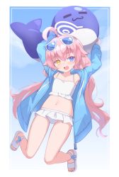 Rule 34 | 1girl, :d, absurdres, ahoge, bikini, bikini skirt, blue archive, blue eyes, blue jacket, blush, commentary, eyewear on head, fang, flat chest, frilled bikini, frills, full body, hair between eyes, halo, heterochromia, highres, hoshino (blue archive), hoshino (swimsuit) (blue archive), inflatable toy, jacket, jumping, klaius, long hair, long sleeves, looking at viewer, low twintails, midriff, navel, open clothes, open jacket, open mouth, pink hair, sandals, smile, solo, sunglasses, swimsuit, twintails, very long hair, white bikini, white footwear, yellow eyes