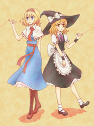 Rule 34 | 2girls, alice margatroid, apron, ascot, blonde hair, blue eyes, blush, boots, braid, brown footwear, capelet, couple, cross-laced footwear, hairband, hat, kirisame marisa, knee boots, lace-up boots, long hair, mary janes, multiple girls, nip to chip, shoes, short hair, side braid, smile, socks, touhou, waist apron, witch hat, wrist cuffs, yellow eyes, yuri