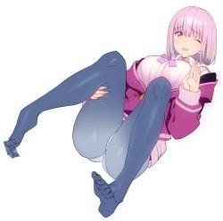 Rule 34 | 10s, 1girl, ass, blue pantyhose, breasts, collared shirt, dress shirt, feet, gradient legwear, gridman universe, jacket, kanjy00u, large breasts, legs, light purple hair, looking at viewer, lying, multicolored clothes, multicolored legwear, no shoes, off shoulder, on back, one eye closed, open clothes, open jacket, open mouth, orange eyes, panties, panties under pantyhose, pantyhose, purple jacket, red eyes, school uniform, shinjou akane, shirt, short hair, simple background, skirt, smile, soles, solo, ssss.gridman, thighs, toes, underwear, white background, white shirt