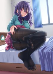 Rule 34 | 1girl, ahoge, alarm clock, alternate costume, aqua shirt, ass, bed sheet, blanket, blush, breasts, clock, closed mouth, clothes lift, feet, fine fabric emphasis, full body, gurande (g-size), hand on own ass, highres, indoors, kantai collection, legs, long hair, long sleeves, looking at viewer, low twintails, lying, medium breasts, nail polish, no shoes, on bed, on side, panties, panties under pantyhose, pantyhose, pink eyes, pink nails, pink skirt, purple hair, raised eyebrows, ryuuhou (kancolle), ryuuhou kai ni (kancolle), shirt, skirt, skirt lift, smile, soles, solo, taigei (kancolle), thighband pantyhose, toes, twintails, underwear, upper body, white panties