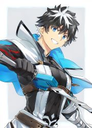 Rule 34 | 1boy, absurdres, belt, black hair, blue eyes, capelet, charlemagne (fate), commentary request, elbow gloves, fate/extella, fate/extella link, fate/extra, fate (series), gauntlets, gloves, grey background, grin, highres, holding, holding sword, holding weapon, looking at viewer, male focus, multicolored hair, okonon (kado colda), simple background, single gauntlet, smile, solo, sword, upper body, weapon, white background, white hair