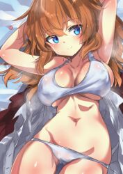 Rule 34 | 1girl, aohashi ame, armpits, blue eyes, blush, bra, breasts, cameltoe, charlotte e. yeager, cleavage, closed mouth, commentary request, highres, large breasts, long hair, looking at viewer, navel, orange hair, panties, shirt, smile, solo, strike witches, underboob, underwear, white bra, white panties, white shirt, world witches series