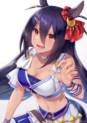 Rule 34 | 1girl, akatsuki (kuon), animal ears, arm wrap, belt, black hair, blue shirt, breasts, brown belt, choker, cleavage, collarbone, commentary request, cowboy shot, crop top, dark-skinned female, dark skin, ear ornament, fang, hair between eyes, hair ornament, hairclip, hand up, hishi amazon (umamusume), horse ears, horse girl, horse tail, long hair, looking at viewer, medium breasts, midriff, navel, open mouth, pleated skirt, red eyes, red scrunchie, scrunchie, shirt, sidelocks, simple background, single bare shoulder, skirt, solo, tail, tan, twitter username, two-tone shirt, umamusume, very long hair, white background, white choker, white shirt, white skirt