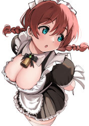 Rule 34 | 1girl, absurdres, alternate costume, blush, braid, breasts, brown hair, cleavage, emma verde, enmaided, freckles, highres, large breasts, long hair, love live!, love live! nijigasaki high school idol club, low twintails, maid, open mouth, pisagi, red hair, simple background, solo, twin braids, twintails, white background