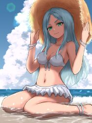 Rule 34 | 1girl, blue hair, breasts, character request, cleavage, closed mouth, cloud, collarbone, foot out of frame, green eyes, hat, highres, imperial saga, jewelry, kitaokasensei, long hair, looking at viewer, medium breasts, navel, romancing saga, romancing saga re;universe, saga, sitting, smile, solo, swimsuit