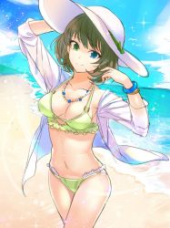 Rule 34 | 10s, 1girl, arms up, ashita (2010), bad id, bad twitter id, beach, bikini, bikini under clothes, blue eyes, bracelet, breasts, brown hair, cleavage, collarbone, day, green bikini, green eyes, green ribbon, hat, heterochromia, idolmaster, idolmaster cinderella girls, jewelry, looking at viewer, medium breasts, navel, necklace, open clothes, open shirt, outdoors, ribbon, shirt, short hair, smile, solo, sparkle, sun hat, swimsuit, takagaki kaede, white shirt