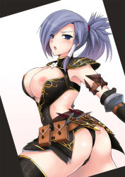 Rule 34 | :o, areola slip, armband, armor, armpits, ass, back, belt, belt pouch, black legwear, black panties, blue eyes, blue hair, blush, border, breasts, cleavage, cleavage cutout, clothing cutout, curvy, dagger, elbow gloves, embarrassed, gloves, hair ornament, hair tubes, huge ass, kizuki aruchu, knife, large breasts, long hair, looking at viewer, looking back, monster hunter, monster hunter (series), monster hunter frontier, nipple slip, nipples, no bra, noir (armor), noir (monster hunter frontier), open mouth, panties, ponytail, pouch, profile, purple hair, scrunchie, sheath, simple background, solo, spiked hair, strap, surprised, swept bangs, thick thighs, thighhighs, thighs, thong, turtleneck, underwear, weapon