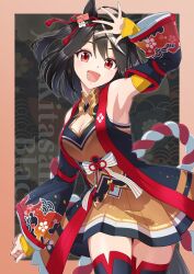 Rule 34 | 1girl, absurdres, ahoge, animal ears, arm up, armpits, black hair, black kimono, black thighhighs, blush, border, breasts, brown border, character name, cleavage, cleavage cutout, clothing cutout, commentary, cowboy shot, cygames, detached sleeves, elbow sleeve, floral background, floral print kimono, girugiru (tektonics6588), hair between eyes, hair ornament, hair ribbon, highres, horse ears, horse girl, horse tail, japanese clothes, kimono, kitasan black (umamusume), kouhaku nawa, large breasts, looking at viewer, miniskirt, multicolored hair, obi, open clothes, open kimono, open mouth, orange shirt, orange skirt, orange trim, outdoors, pleated skirt, red eyes, red ribbon, red trim, ribbon, rope, sash, shimenawa, shirt, short hair, skirt, sky, sleeveless, sleeveless kimono, smile, solo, streaked hair, tail, teeth, thighhighs, thighs, two-tone background, two side up, umamusume, waving, white hair, yellow sleeves