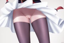 Rule 34 | 1girl, black thighhighs, censored, cleft of venus, clothes lift, genshin impact, gluteal fold, highres, lower body, mosaic censoring, no panties, peeing, pussy, skindentation, skirt, skirt lift, solo, thighhighs, thighs, wet, wet clothes, white background, yun jin (genshin impact), z282g