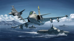 Rule 34 | aircraft, airplane, cloud, coat of arms, commentary, fighter jet, flying, highres, horizon, jet, military, military vehicle, missile, mountain, mountainous horizon, ocean, ost02, real life, saab gripen, ship, sky, stealth ship, svenska flygvapnet, tre kronor, vehicle focus, visby-class corvette, warship, watercraft, waves