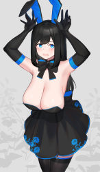 Rule 34 | 1girl, animal ears, bare shoulders, black dress, black thighhighs, blue eyes, blush, breasts, cleavage, dress, fake animal ears, hands up, hayabusa, highres, large breasts, long hair, looking at viewer, open mouth, original, rabbit ears, rabbit pose, solo, thighhighs, thighs